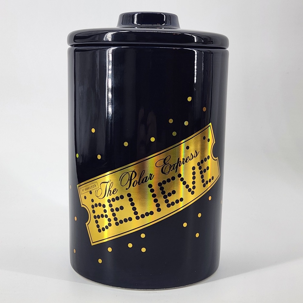 The Polar Express Believe Ceramic Canister Navy Gold‎ Ticket Zrike Brands 7.5in